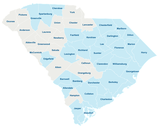 Map of South Carolina highlighting 29 counties that have a school-based telehealth program.